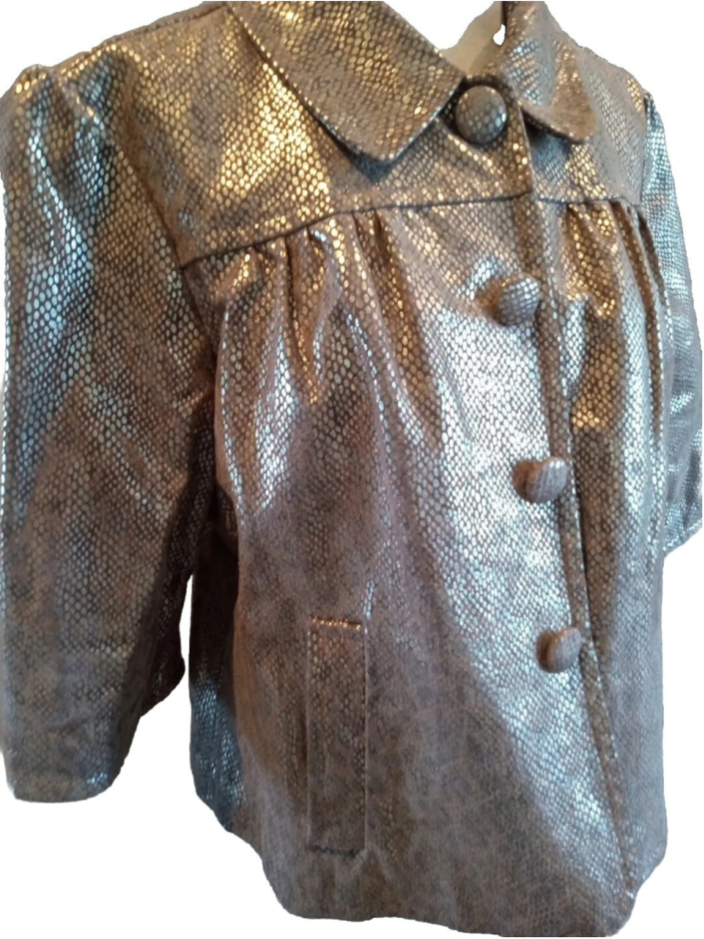 Gold Snakeskin Embossed Suede Cropped Jacket by Live A Little-Disco Y2K Sz L - Picture 2 of 10